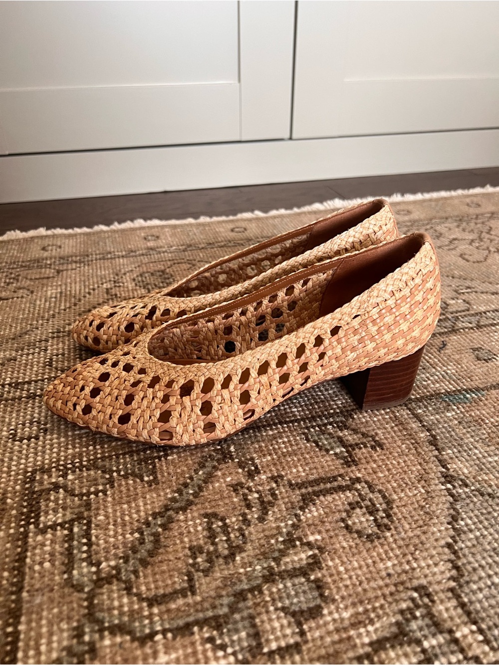Sezane Anya Natural Woven Low Block Heels 38